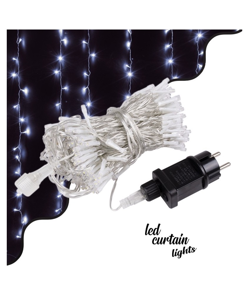 85828 Διακοσμητική Κουρτίνα 3 x 3 Μέτρα με Controller 8 Προγραμμάτων Εναλλαγών Φωτισμού - Επεκτεινόμενη 300 LED 3.6W AC 230V με Διάφανο Καλώδιο & Πρίζα Schuko Αδιάβροχη IP44 Ψυχρό Λευκό 6000K Μ3 x Υ3m